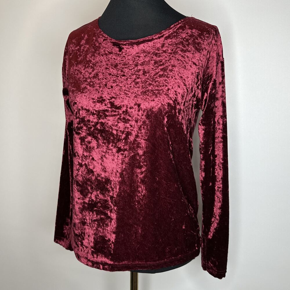 Vintage 90s Y2K Crushed Velvet Top M Burgundy Long Sleeve Fairy Grunge Goth - Picture 3 of 9
